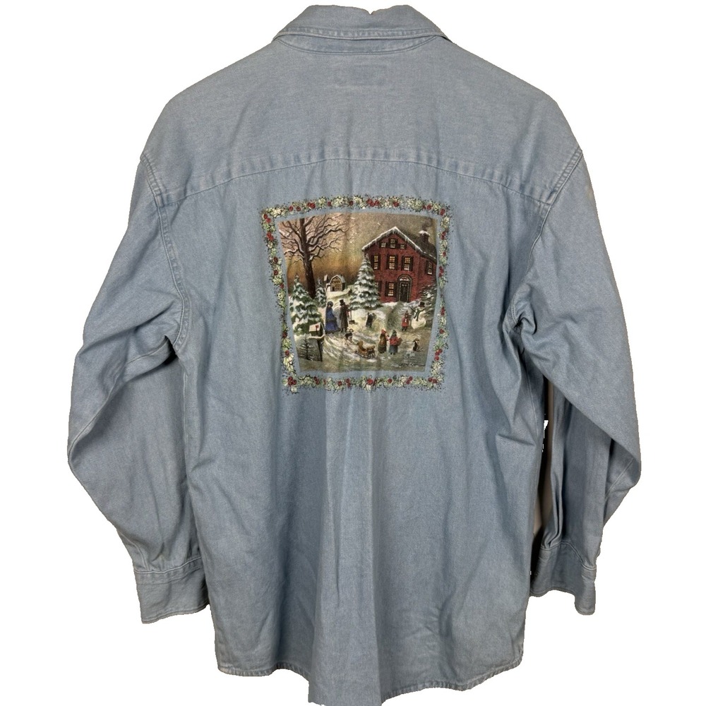 Vintage 90s Camp Creek Denim Shirt M Winter Christmas Village Cottagecore Folk
